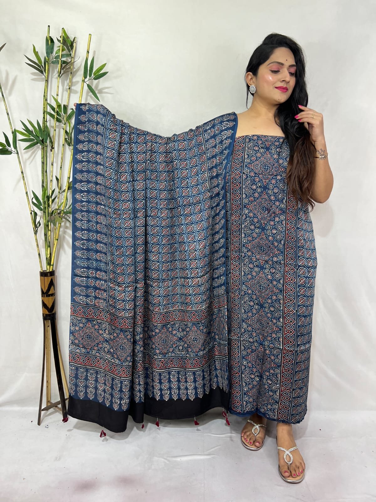 Luxurious Natural Block Print 2pcs Ajrakh Modal Silk Suit Material - Blue