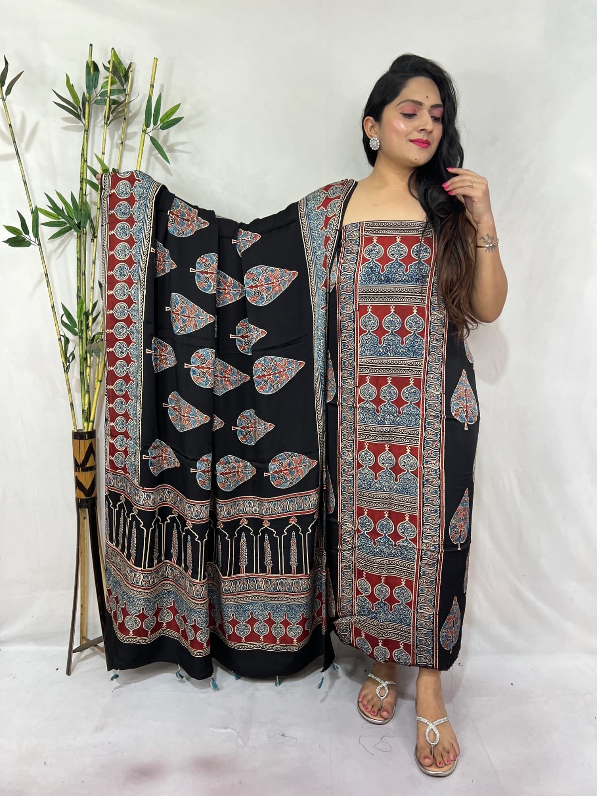 Luxurious Natural Block Print 2pcs Ajrakh Modal Silk Suit Material - Black