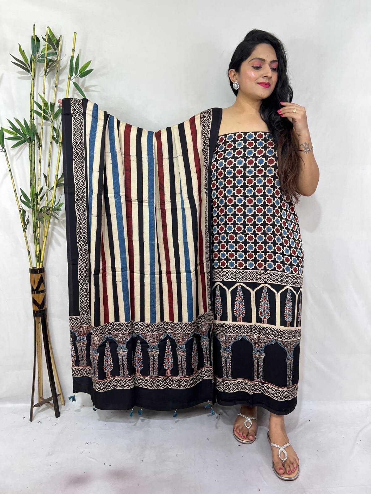 Luxurious Natural Block Print 2pcs Ajrakh Modal Silk Suit Material - Black