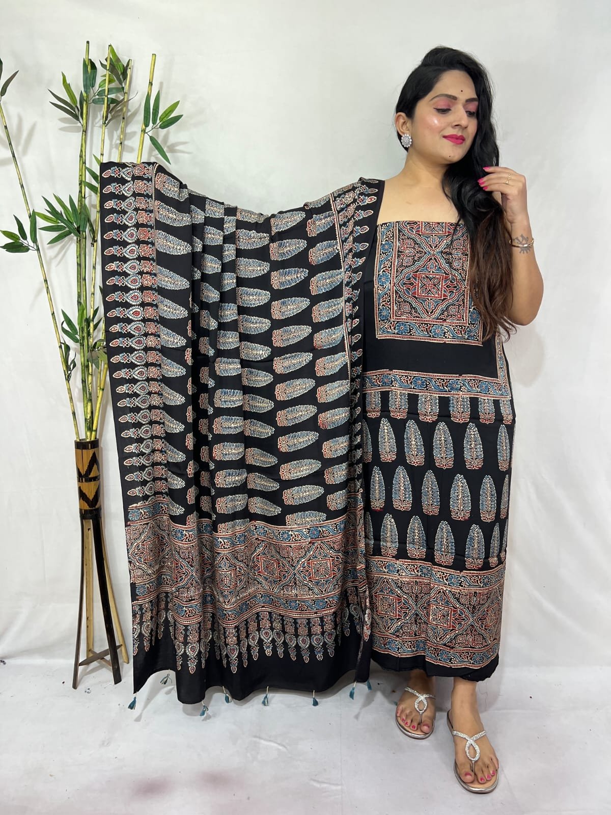 Luxurious Natural Block Print 2pcs Ajrakh Modal Silk Suit Material - Black