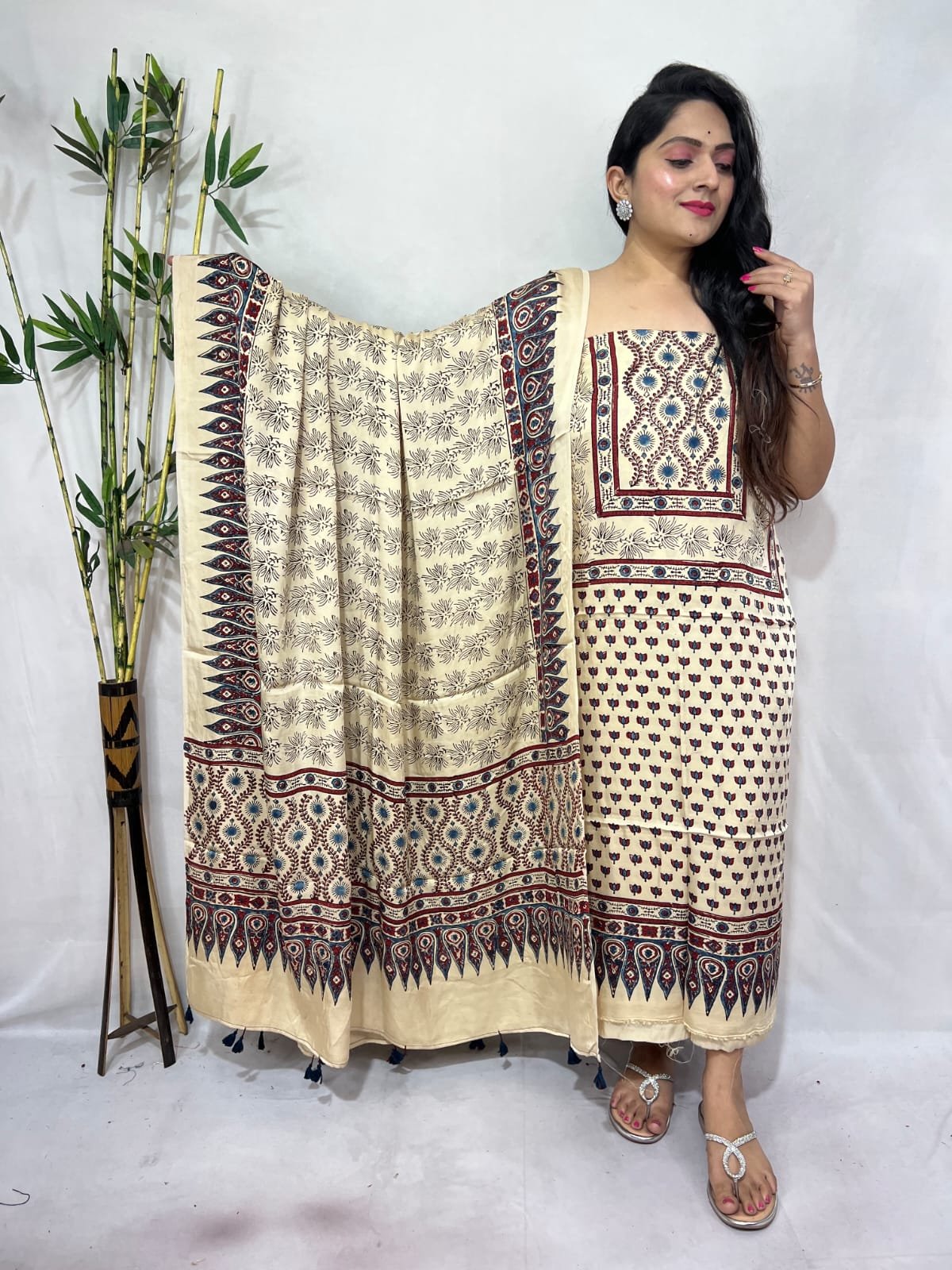 Luxurious Natural Block Print 2pcs Ajrakh Modal Silk Suit Material - Cream