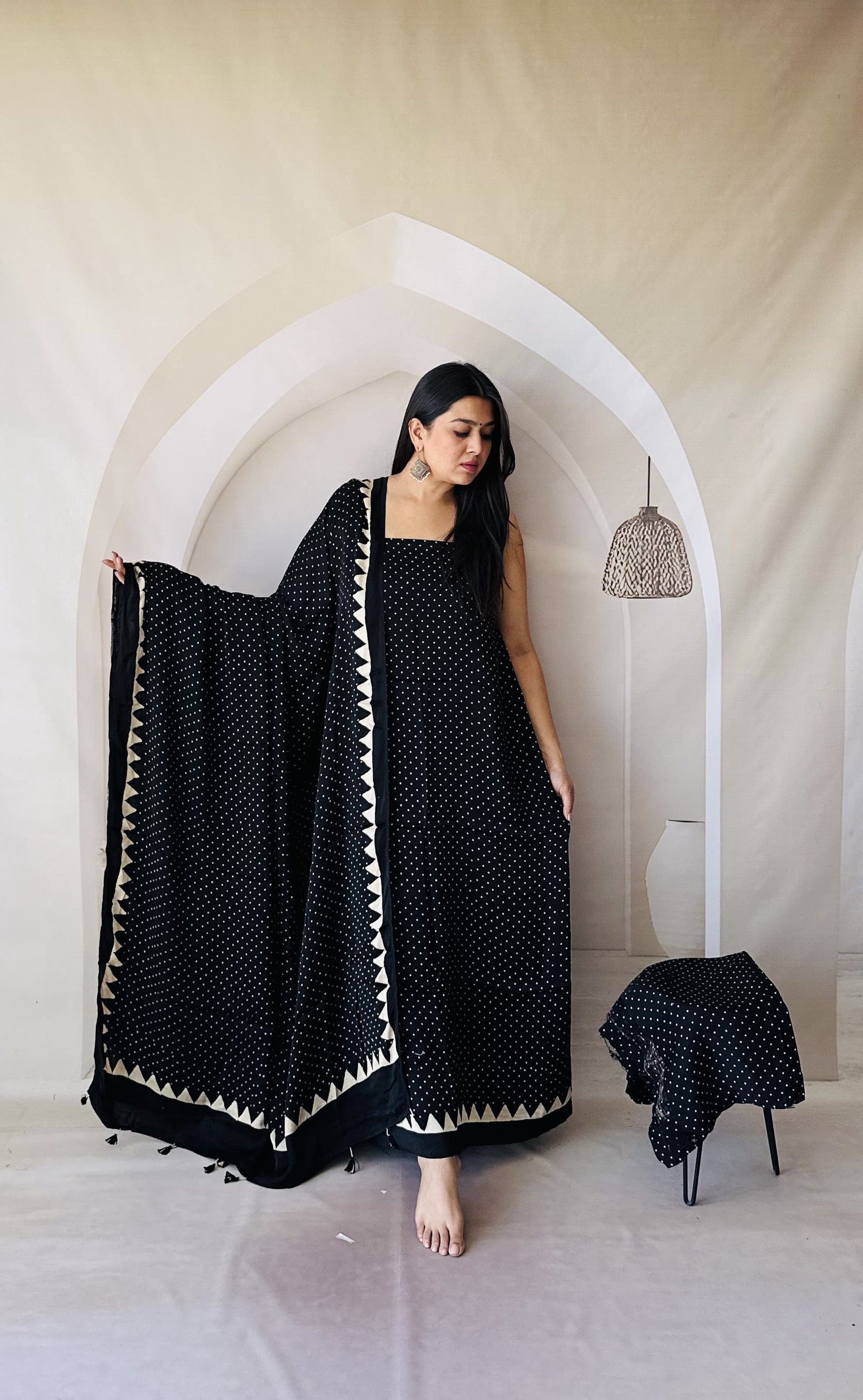 Pure Modal Silk Ajrakh Polka Dot 3pcs Suit Set - Black 