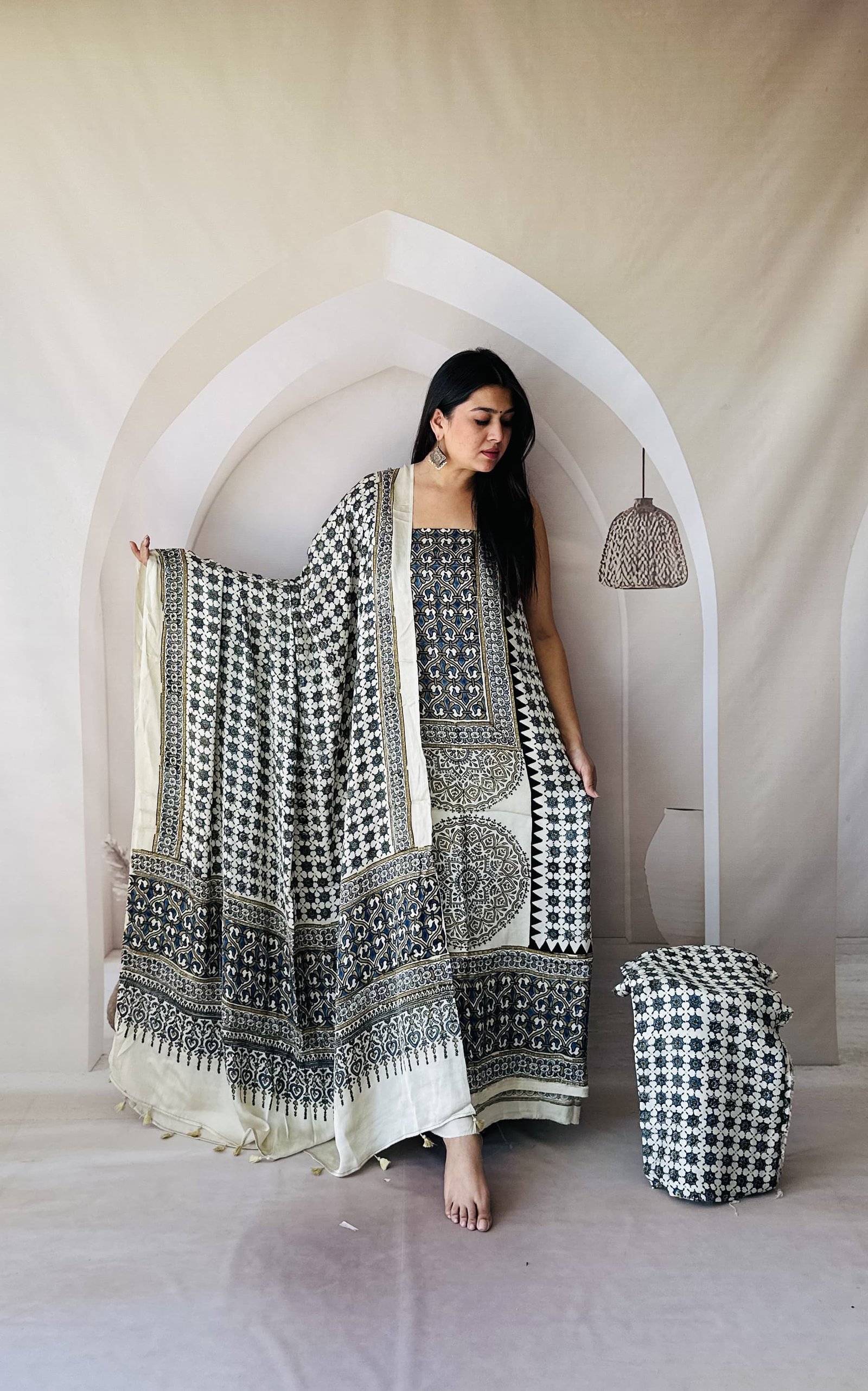 Luxurious Natural Block Print 3pcs Ajrakh Modal Silk Suit Material - white
