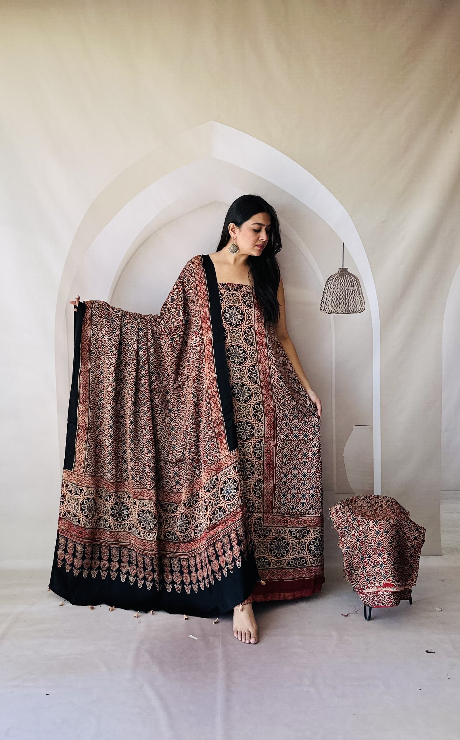 Luxurious Natural Hand Block Print 3pcs Ajrakh Modal Silk Suit Material - Maroon