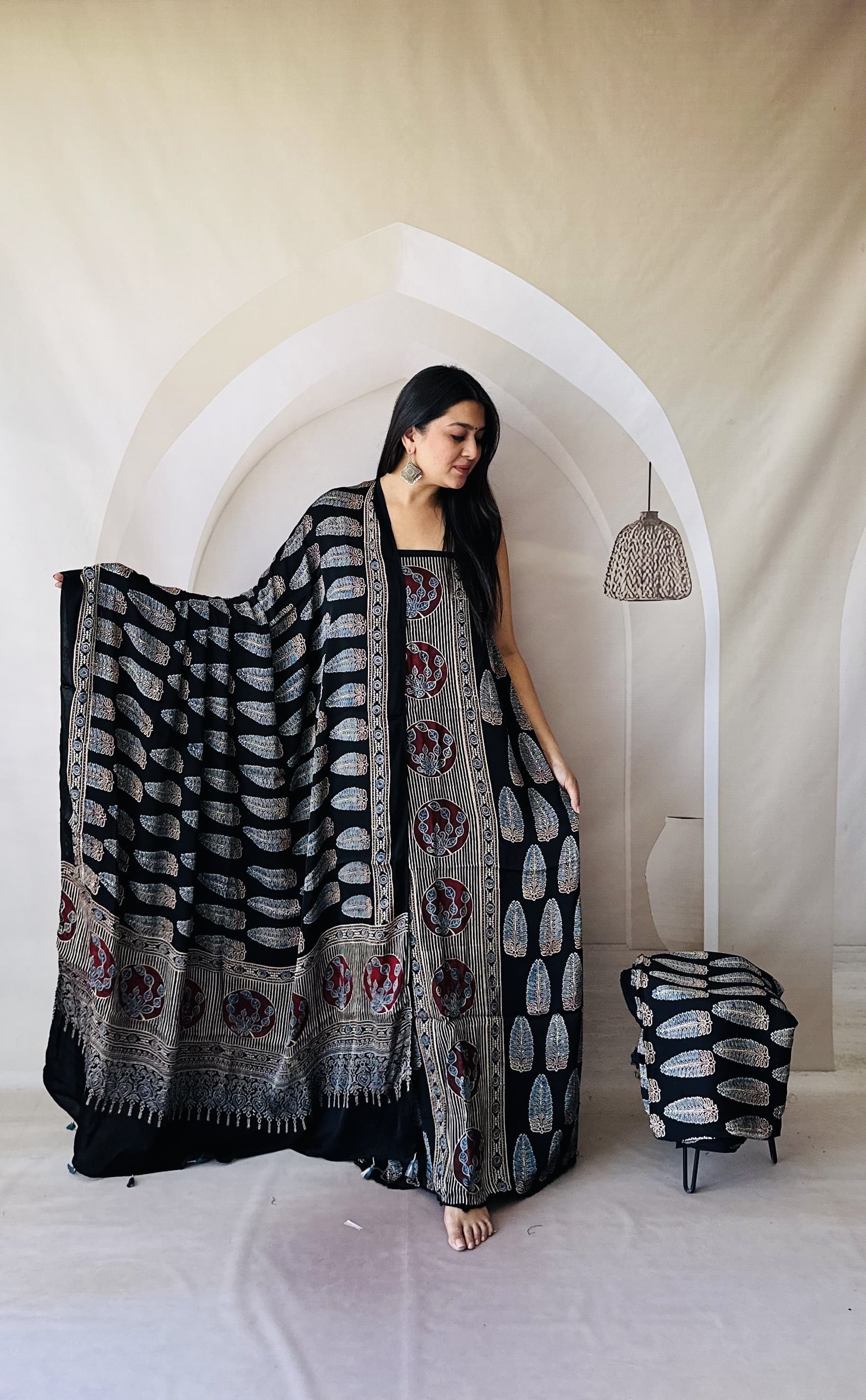 Luxurious Natural Hand Block Print 3pcs Ajrakh Modal Silk Suit Material - Black