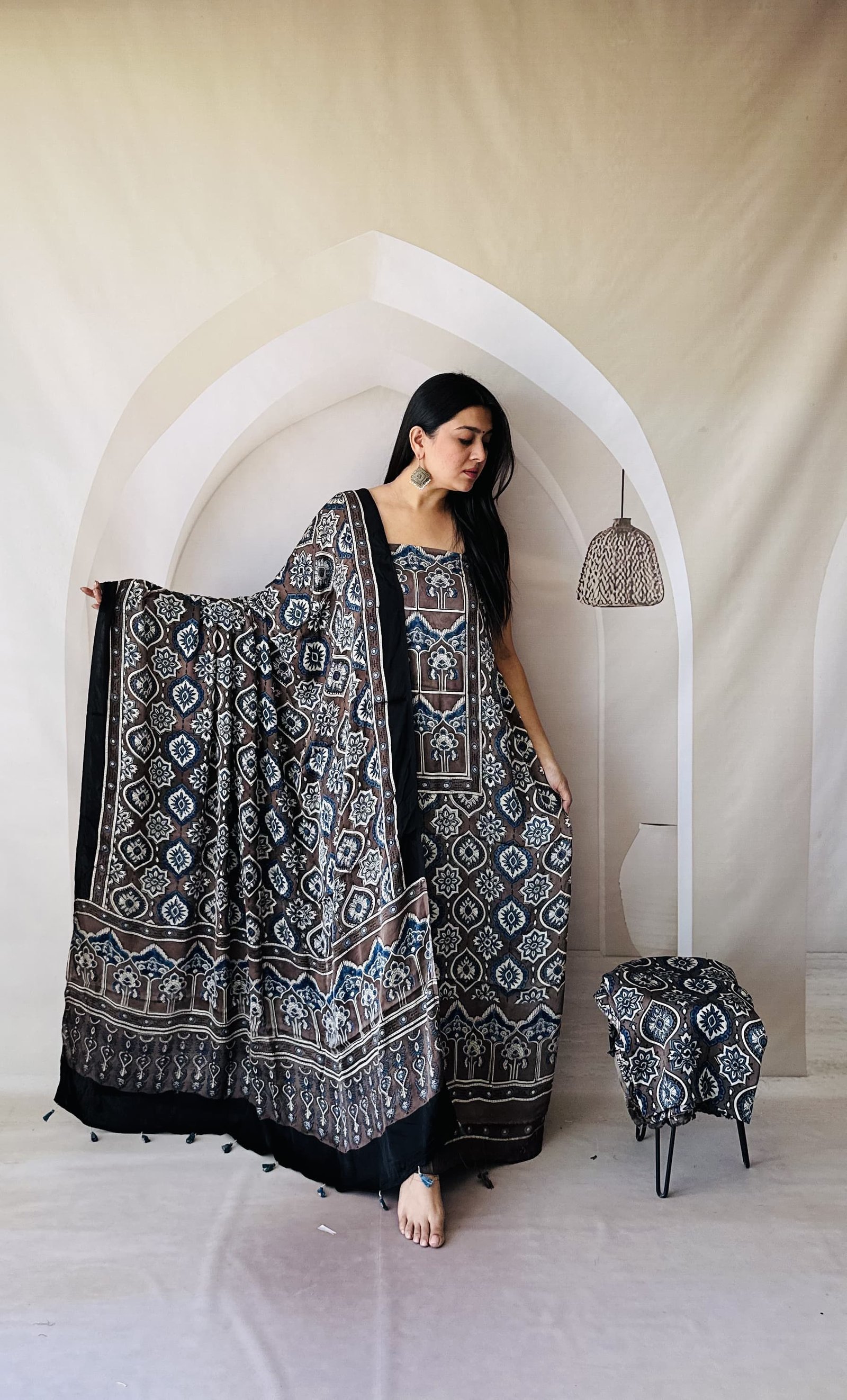 Luxurious Natural Hand Block Print 3pcs Ajrakh Modal Silk Suit Material - Coffee Brown