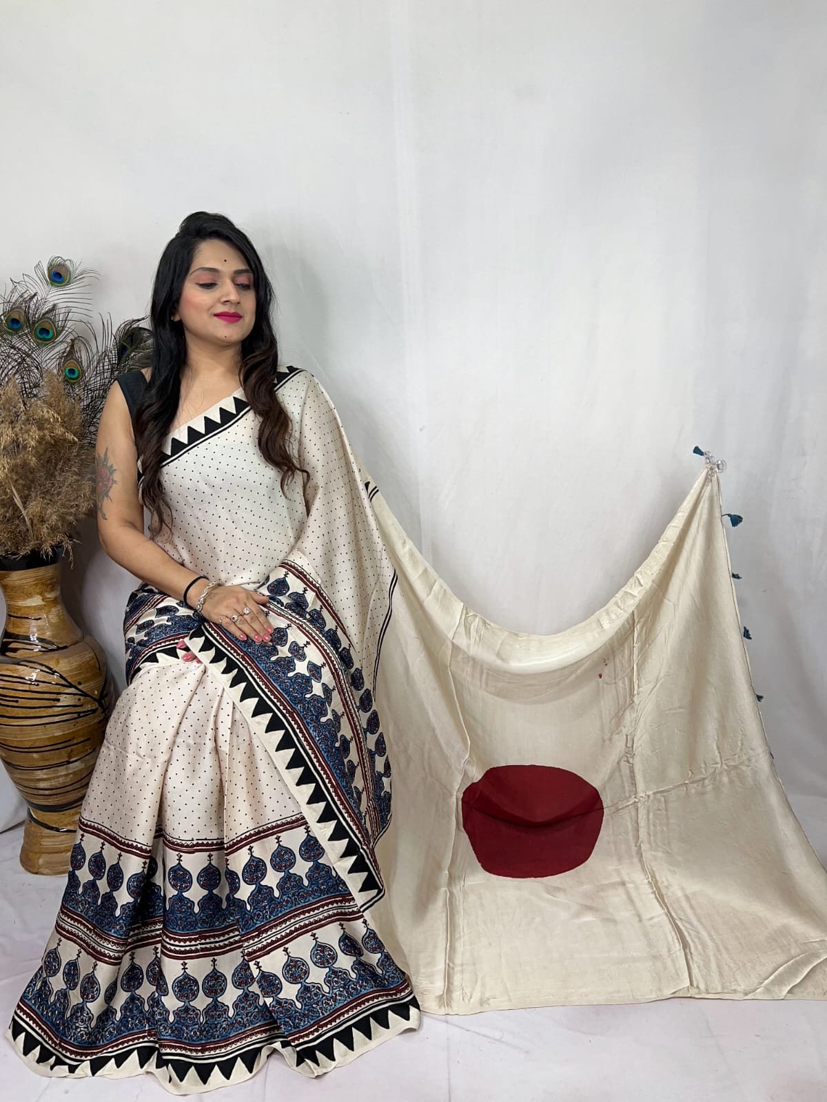 Womens Ajrakh Modal Silk Saree A Masterpiece of Hand Block Print and Natural Colors - White