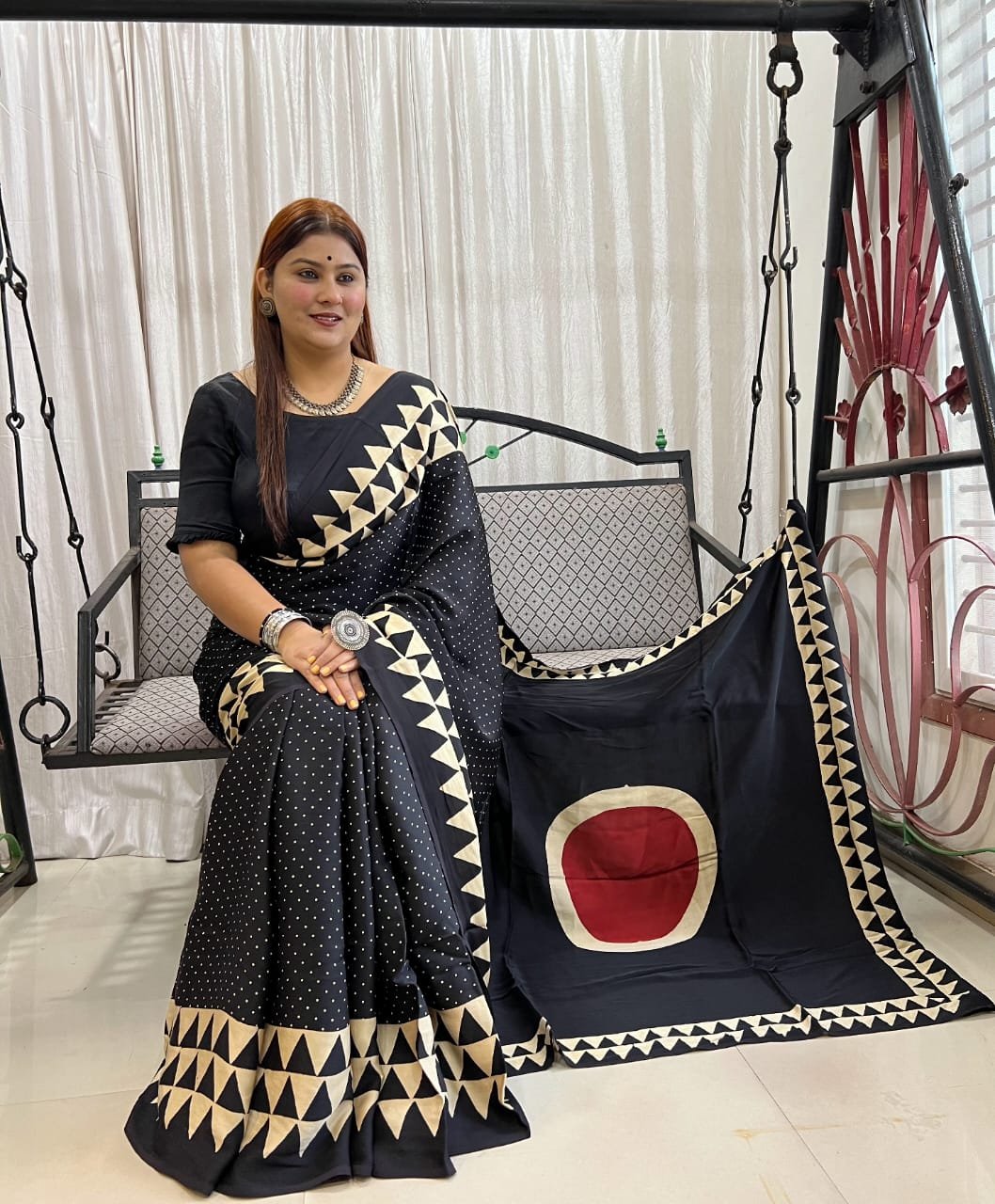 Womens Ajrakh Modal Silk Saree A Masterpiece of Hand Block Print and Natural Colors - Black