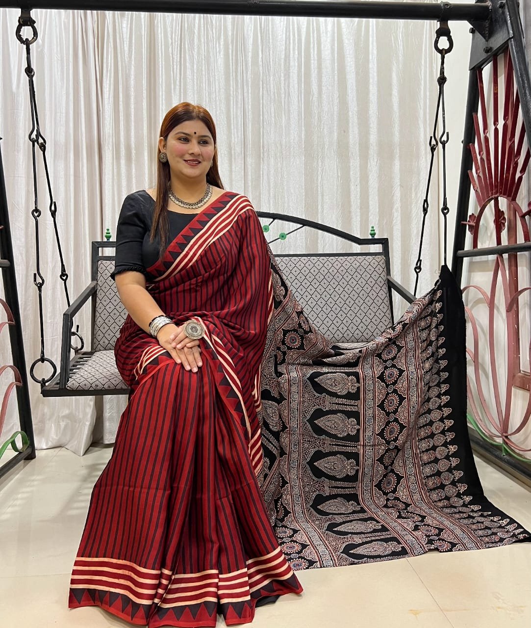 Womens Ajrakh Modal Silk Saree A Masterpiece of Hand Block Print and Natural Colors - Red