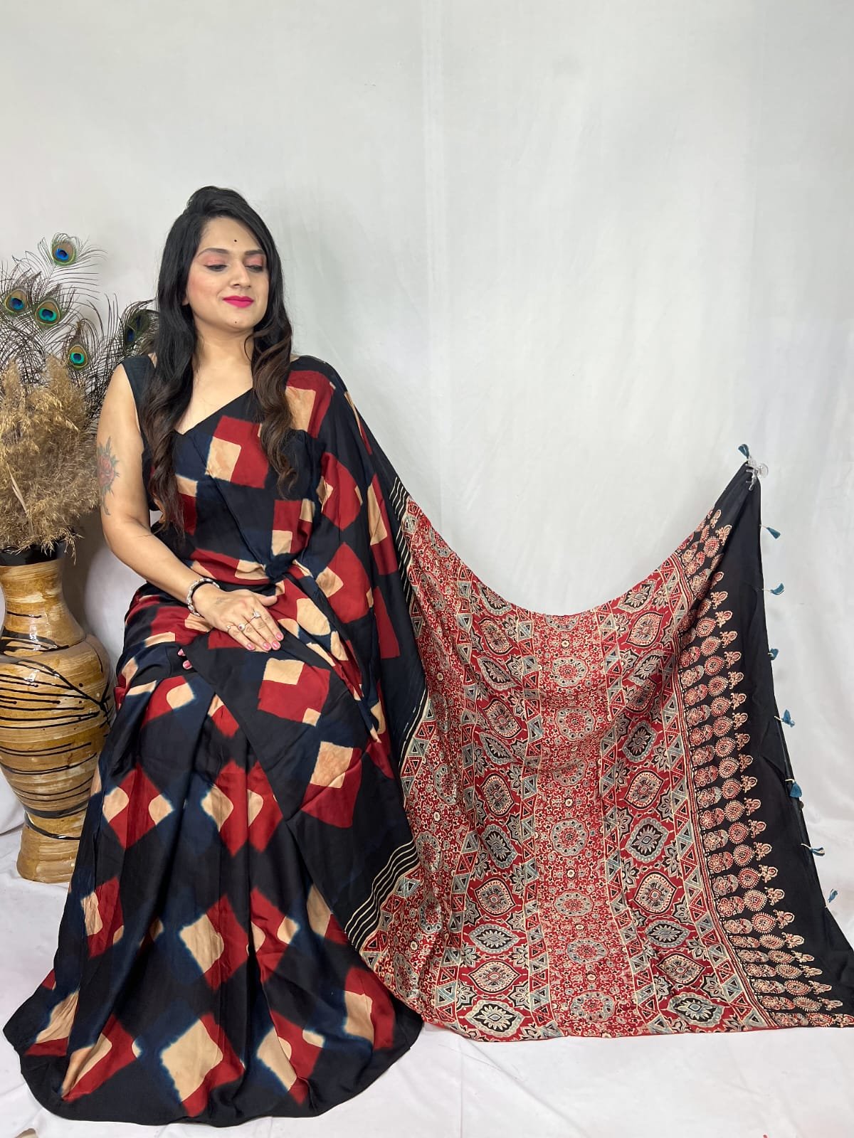 Womens Ajrakh Modal Silk Saree A Masterpiece of Hand Block Print and Natural Colors - Multicolour