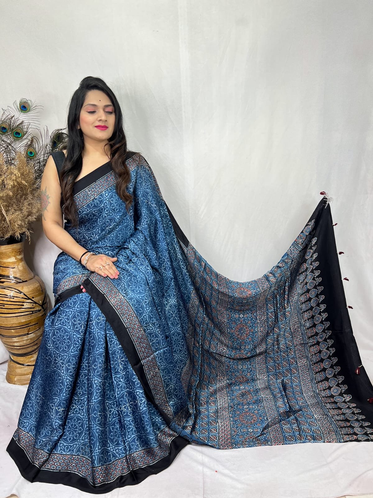 Womens Ajrakh Modal Silk Saree A Masterpiece of Hand Block Print and Natural Colors - Blue