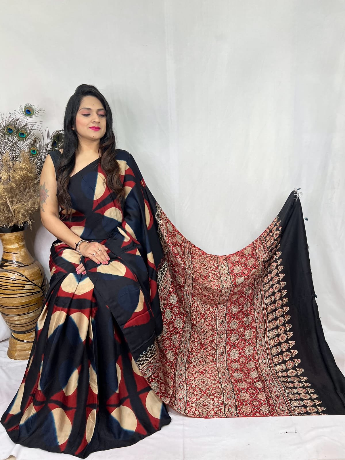 Womens Ajrakh Modal Silk Saree A Masterpiece of Hand Block Print and Natural Colors - Multicolour