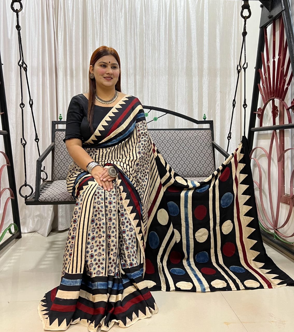 Womens Ajrakh Modal Silk Saree A Masterpiece of Hand Block Print and Natural Colors - Cream
