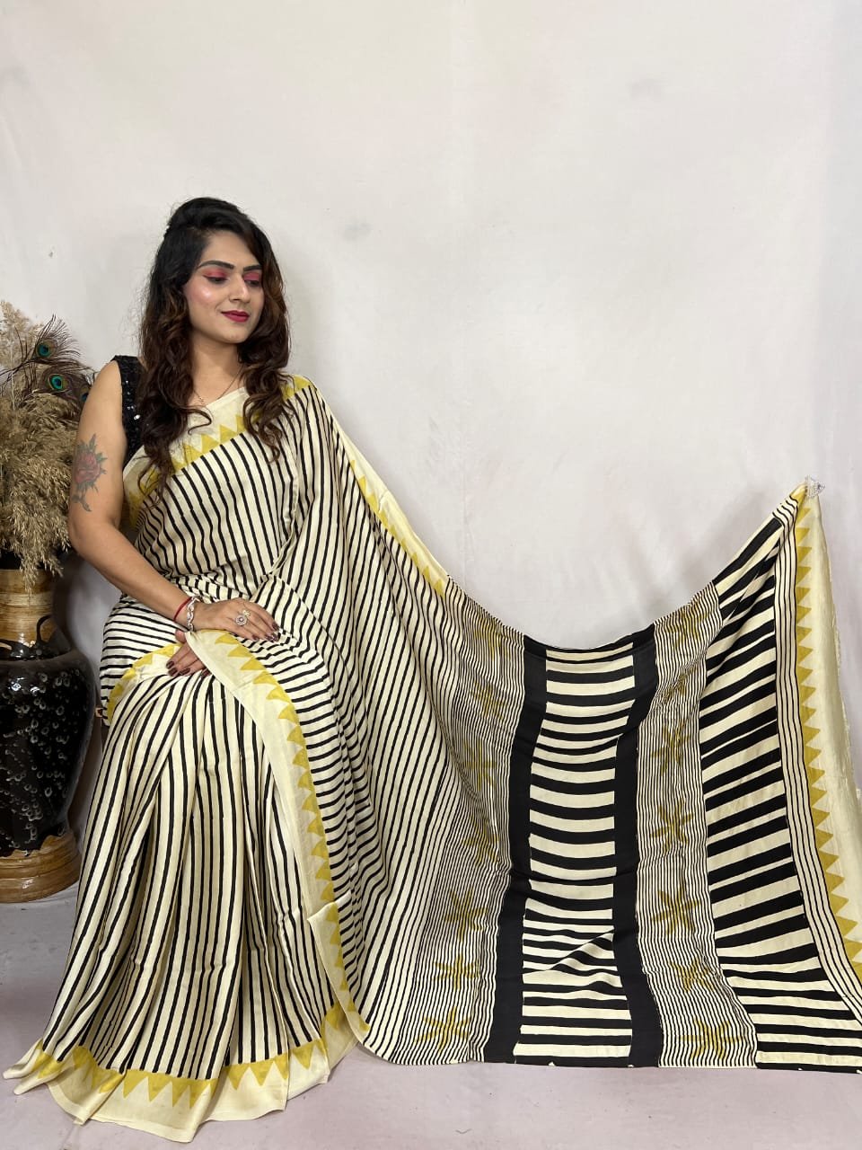 Womens Ajrakh Modal Silk Saree A Masterpiece of Hand Block Print and Natural Colors - Cream
