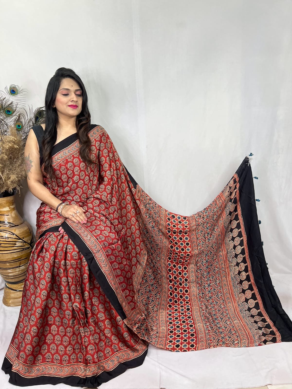 Womens Ajrakh Modal Silk Saree A Masterpiece of Hand Block Print and Natural Colors - Red