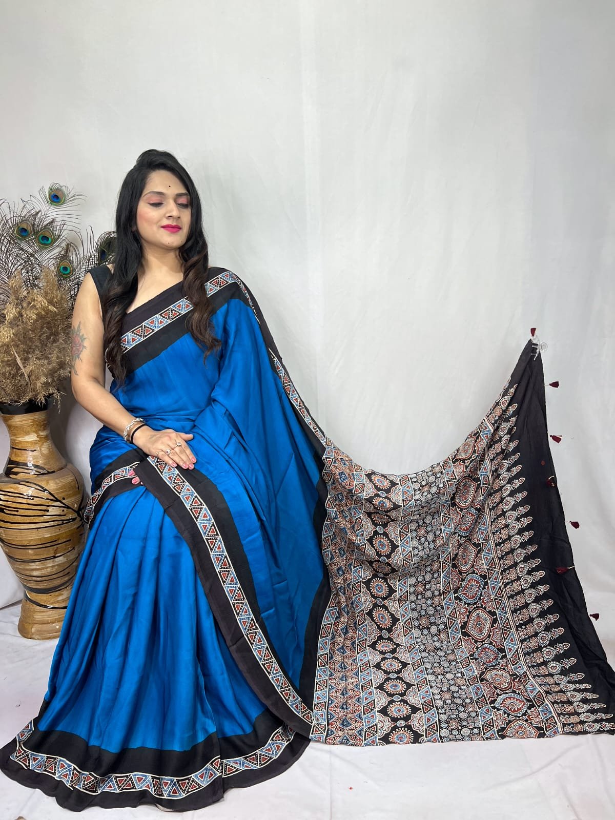 Womens Ajrakh Modal Silk Saree A Masterpiece of Hand Block Print and Natural Colors - Blue