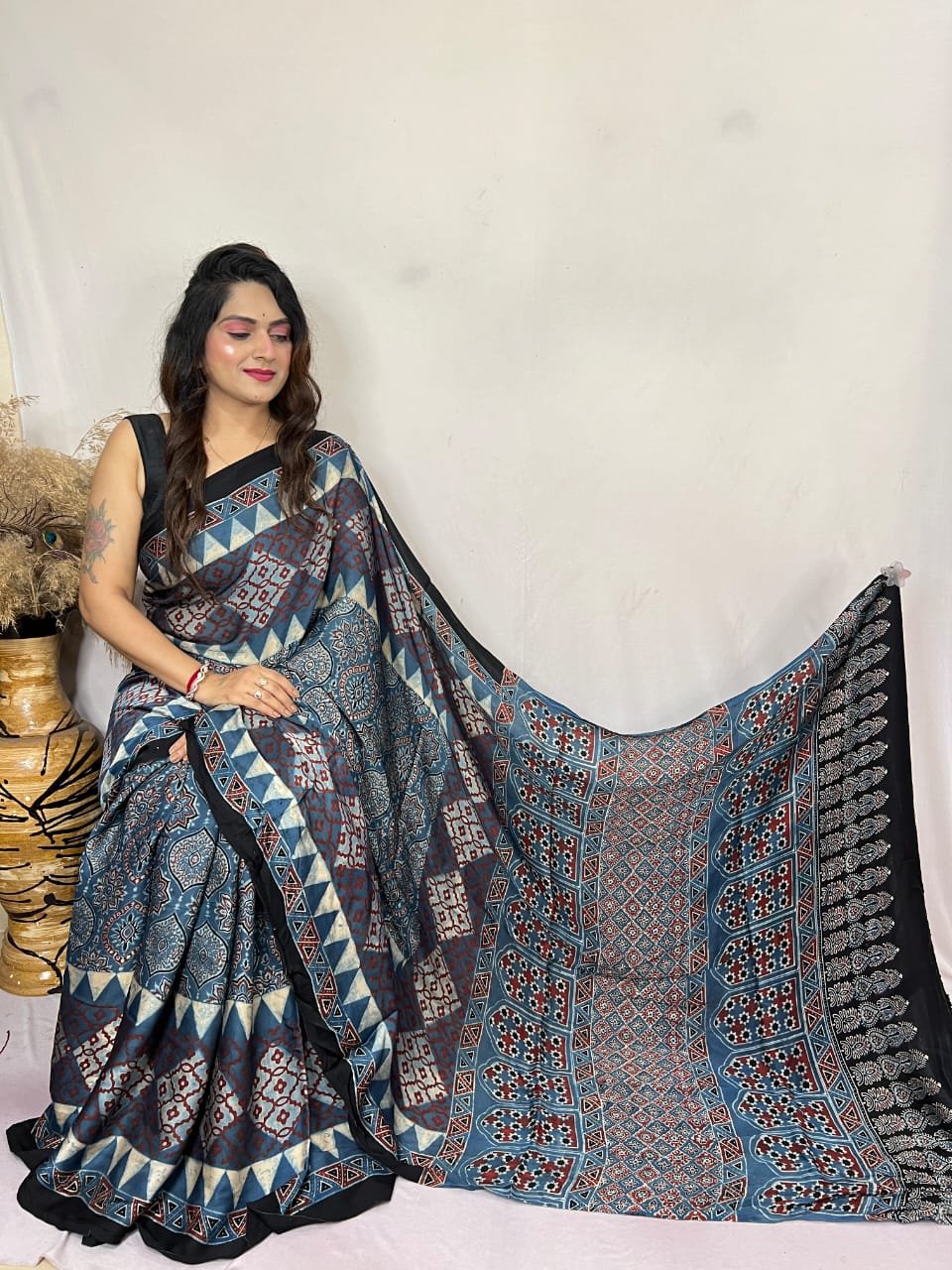 Womens Ajrakh Modal Silk Saree A Masterpiece of Hand Block Print and Natural Colors - Blue