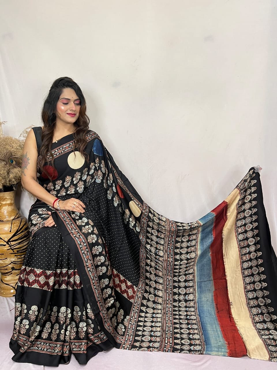 Womens Ajrakh Modal Silk Saree A Masterpiece of Hand Block Print and Natural Colors - Black