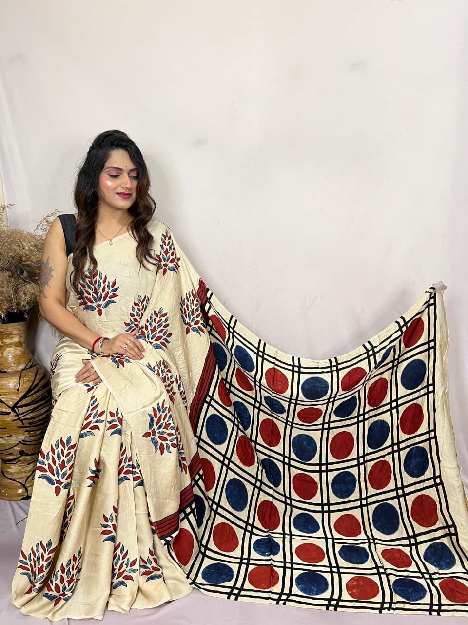 Womens Ajrakh Modal Silk Saree A Masterpiece of Hand Block Print and Natural Colors - Cream