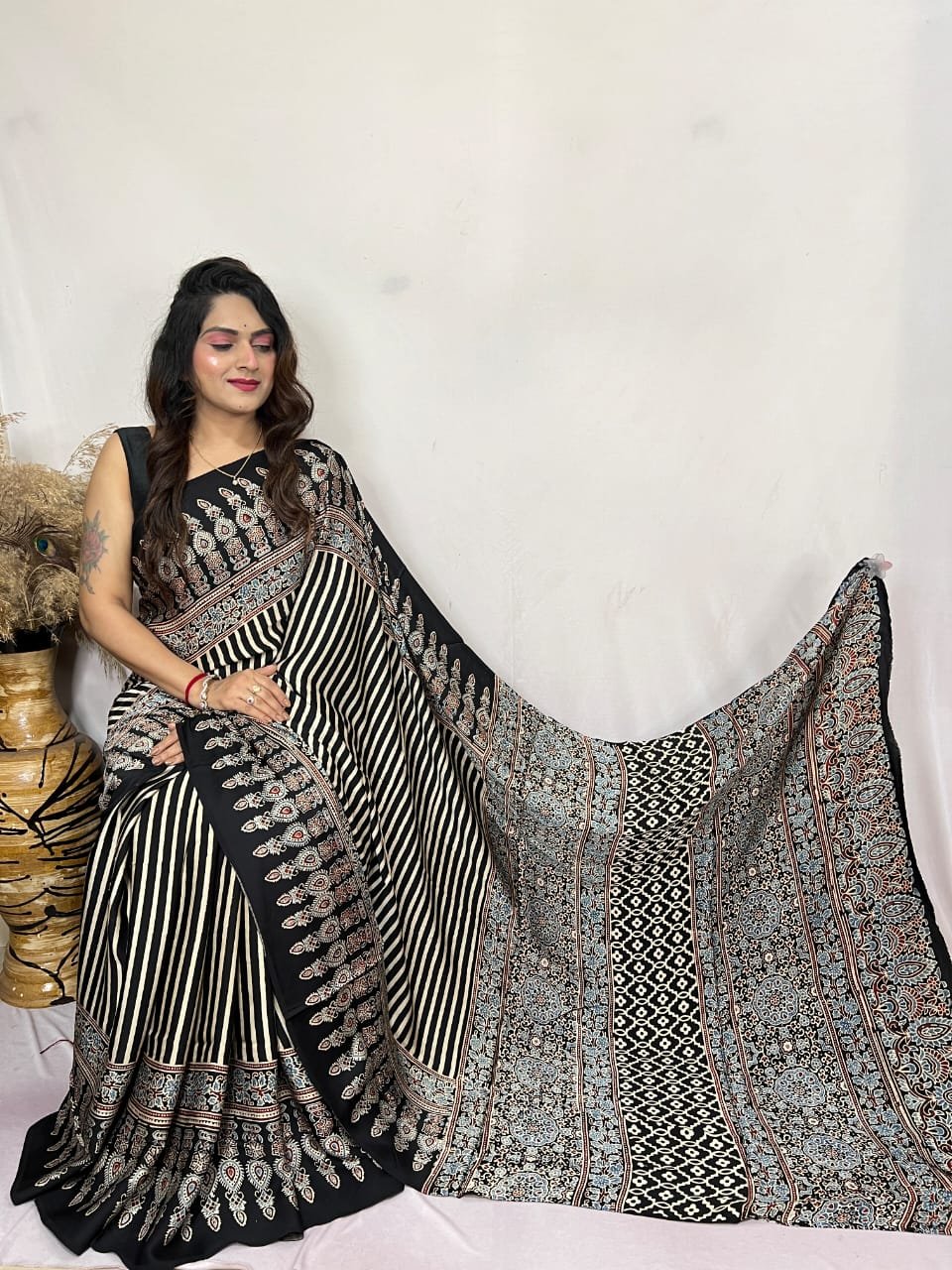 Womens Ajrakh Modal Silk Saree A Masterpiece of Hand Block Print and Natural Colors - Black
