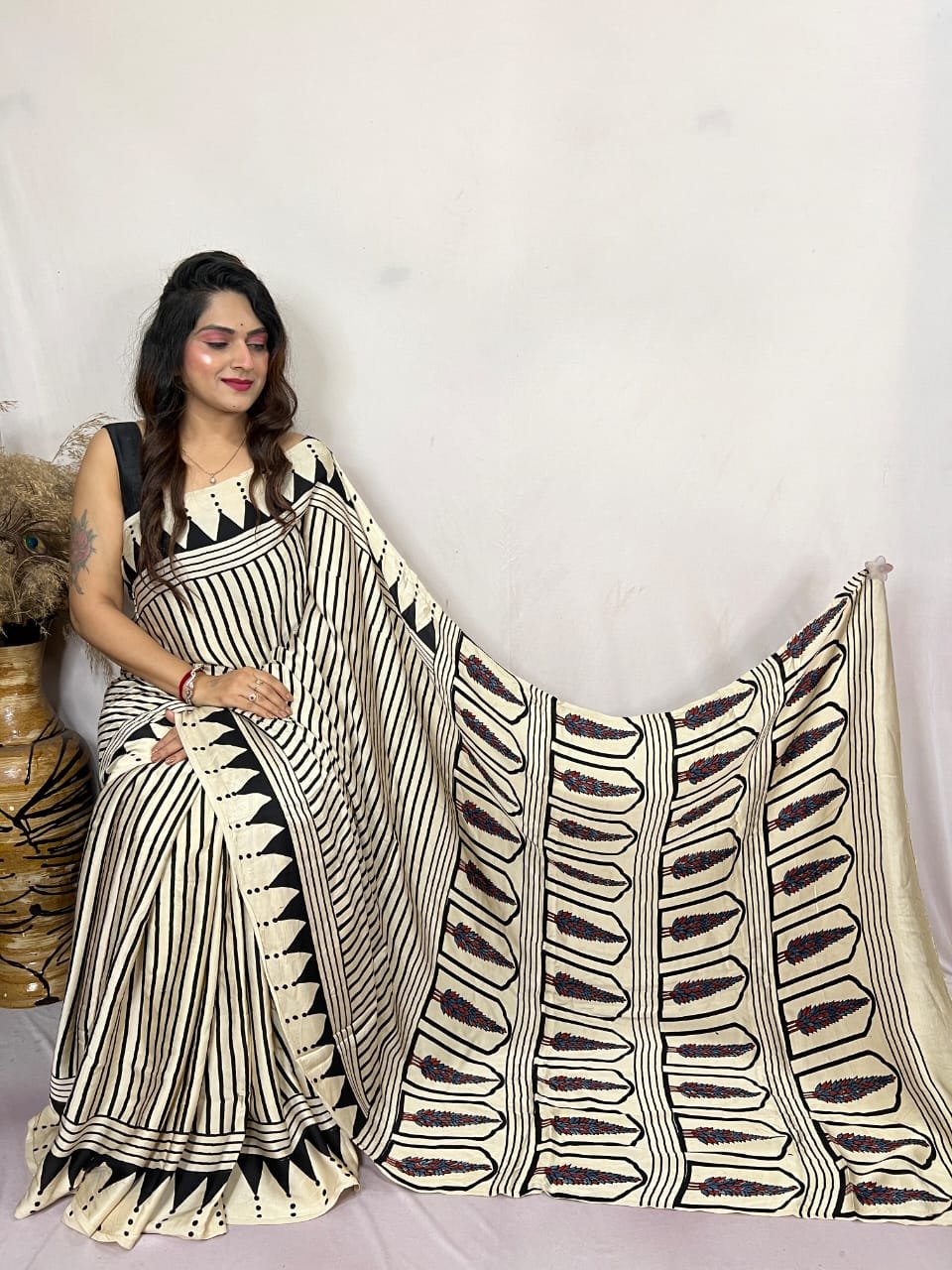 Womens Ajrakh Modal Silk Saree A Masterpiece of Hand Block Print and Natural Colors - White
